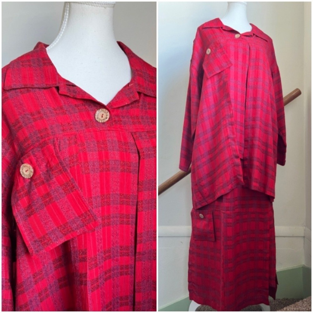 Vintage Funky Art Teacher Red‎ Rayon Two Piece Skirt Set Origami Artsy Loose Fit